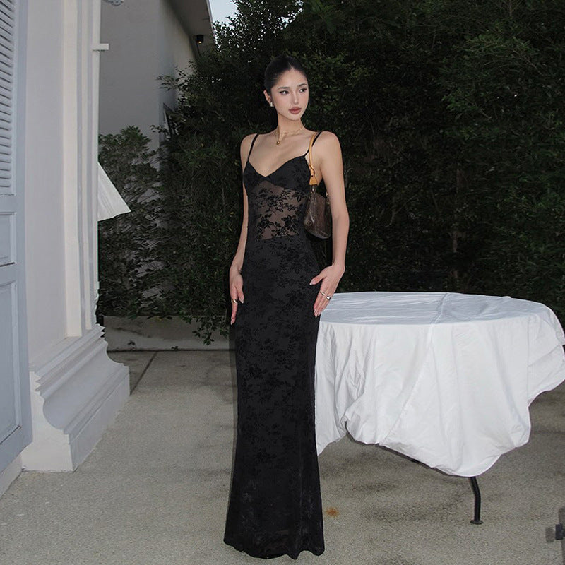 Women's Mesh Sexy See-through V-neck Backless Slim Fit Sling Dress