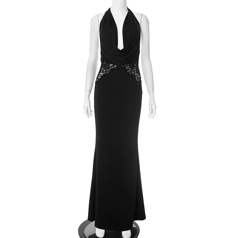 Swing Collar Lace Stitching Halter Lace-up Deep V Long Dress Women